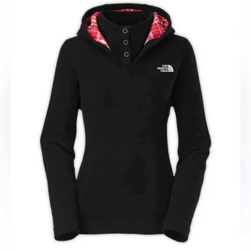 The North Face Women's Black & Red Hooded Snap Button Pullover Sweatshirt Size S